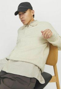 Cremfarbener Strickpullover mit Kragen über einem hell gestreiften Hemd, kombiniert mit dunklen Hosen. Die Person trägt außerdem eine schwarze Mütze.