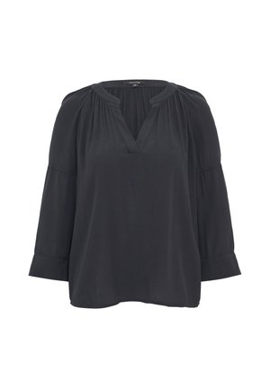 Black, lightweight blouse with a V-neck, gathered detailing at shoulders, and three-quarter flared sleeves. Smooth texture and relaxed fit.