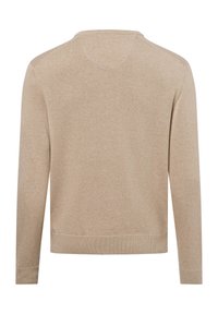 Beige Pullover mit Rundhalsausschnitt, langen Ärmeln und geripptem Saum und Bündchen. Weiche Textur mit einem einfachen, nahtlosen Rückendesign.