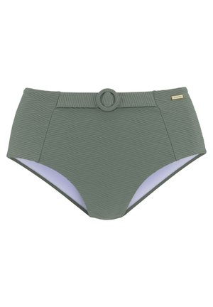 Pantaloni bikini a vita alta in verde oliva con un motivo zigzag testurizzato. Presentano una cintura frontale con una fibbia tonda e un rivestimento interno a contrasto.