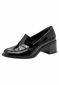 Mocassins en cuir verni noir avec un petit talon carré, présentant un détail cousu à l'avant et une finition lisse et brillante.
