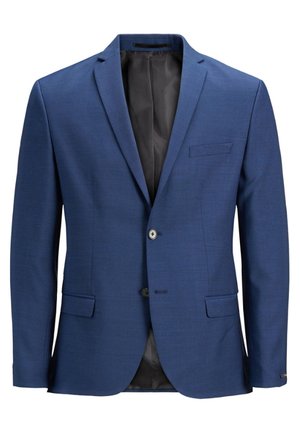 Sinine bleiser, mis on valmistatud siledast kangast ja millel on lõigatud krae, kaks nööpi ja üks rindade tasku. Sisekate on tume.