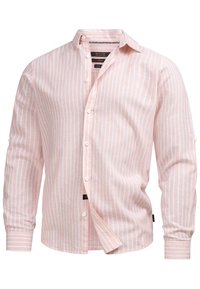 Hellrosa und weiße, vertikal gestreifte Langarm-Hemdbluse mit Kragen, oben und unten unknöpft, aus Leinenmaterial.