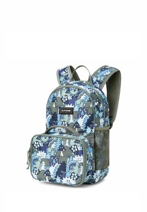 Blau- und graumusterierter Rucksack mit runden Formen, ausgestattet mit einem Hauptfach, einer vorderen Reißverschlusstasche und einer seitlichen Netztasche. Strapazierfähiger Stoff.