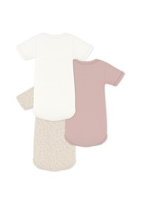 Three short-sleeve bodysuits: one white, one dusty pink, and one beige speckled. Made of soft cotton, rounded necklines, and snap closures.