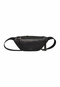 Marsupio in pelle nera con un design elegante, dotato di chiusura a zip, tracolla regolabile e finitura testurizzata. Compatto e pratico.