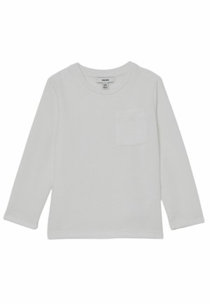 Weißes Langarmoberteil aus strukturiertem Stoff. Verfügt über einen Rundhalsausschnitt und eine Brusttasche. Einfaches Design, keine Muster oder Akzente.