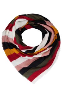 Écharpe rayée multicolore présentant des teintes vives de rouge, noir, vert, rose et jaune ; texture douce avec un bord effiloché.