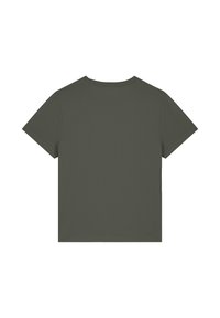 Olivenfarbene T-Shirt mit kurzen Ärmeln und Rundhalsausschnitt. Glatte Textur und ein einfaches Design. Keine auffälligen Logos oder Verzierungen.