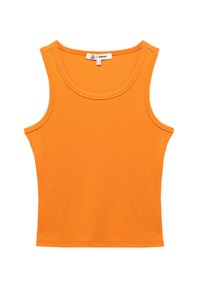 Oranssi ribattava hihaton paita leveillä olkaimilla ja pyöreällä kaula-aukkolla. Pehmeä, joustava puuvillakangas. Ei koristeita tai kuvioita.