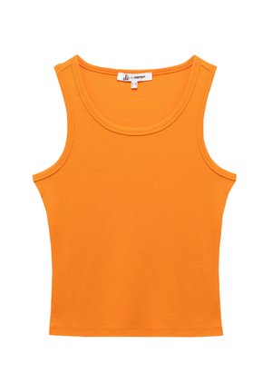 Oranger gerippter Tank-Top mit breiten Schulterträgern und rundem Ausschnitt. Weicher, dehnbarer Baumwollstoff. Keine Verzierungen oder Muster.