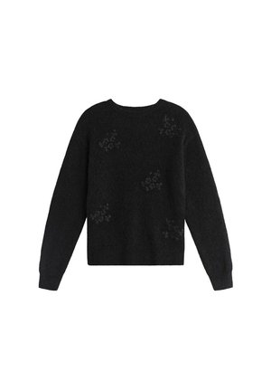 Svart fluffig långärmad tröja med subtil blommig broderi utspritt på framsidan och en rund halsringning.