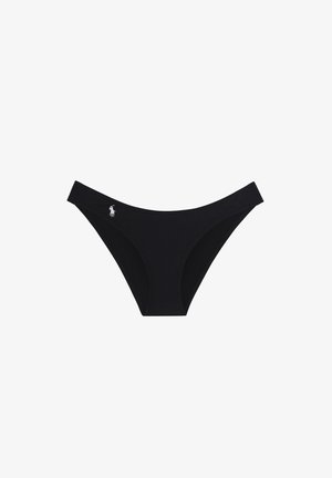 Bas de bikini pour femme noire, taille basse avec petit logo blanc de joueur de polo sur la hanche gauche.