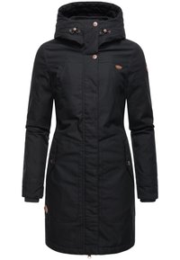 Zwarte waterdichte parka met capuchon, voorzien van een voorrits, twee zijzakken en accenten in koperkleurig hardwaer.