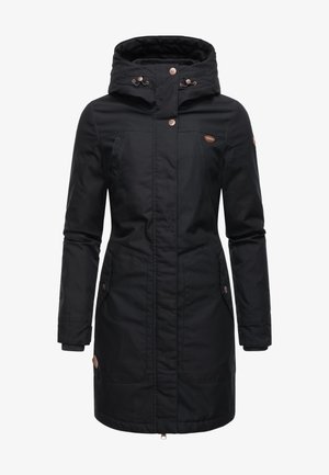 Musta vedenpitävä parka-takki hupulla, jossa on edessä vetoketju, kaksi sivutaskua ja kuparinsävyiset metalliosat.