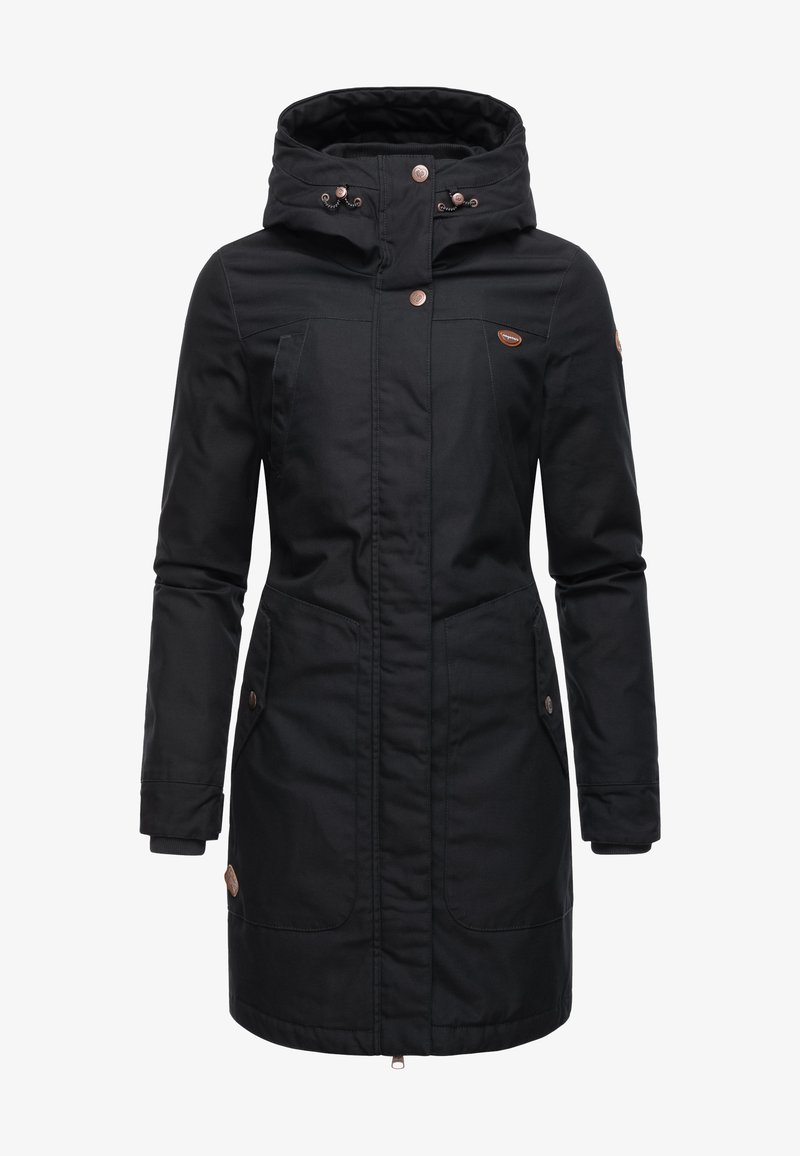 Must kollane veekindel parka jakk kapuutsiga, millel on eesne lukku, kaks küljetaskut ja vasktooni riistvara aktsendid.