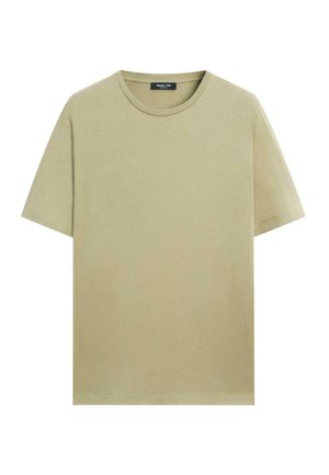 T-shirt beige manches courtes à col rond, avec ourlet droit et étiquette noire portant la mention « Massimo Dutti » à l’intérieur du col.