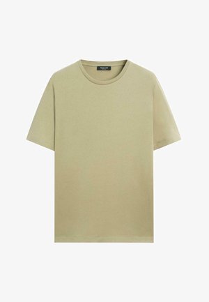 Beige T-shirt med korte ærmer og rund halsudskæring med lige kant og sort mærke med teksten "Massimo Dutti" indeni halsudskæringen.