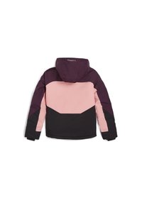 Veste présentant un design tricolore : noir, rose et violet foncé. Avec capuche, texture lisse et blocs de couleur géométriques à l'arrière.