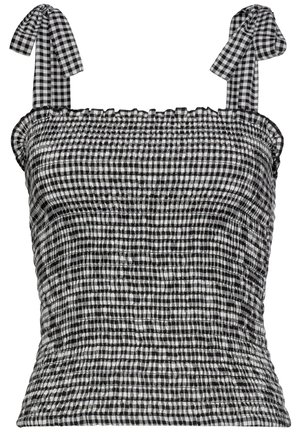 Top de cuadro vichy en blanco y negro con fruncido elástico, tirantes ajustables con lazo y acabado texturizado con material recogido para mayor elasticidad.