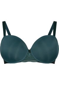 Teal bra with smooth, padded cups and lace detailing at the center. Adjustable straps and hook closure at the back. Shiny texture.