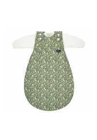 Grüner Stoff-Schlafsack mit beigen Tier- und Pflanzenmustern, ausgestattet mit weißen langen Ärmeln, runder Form und Druckknopfverschlüssen.