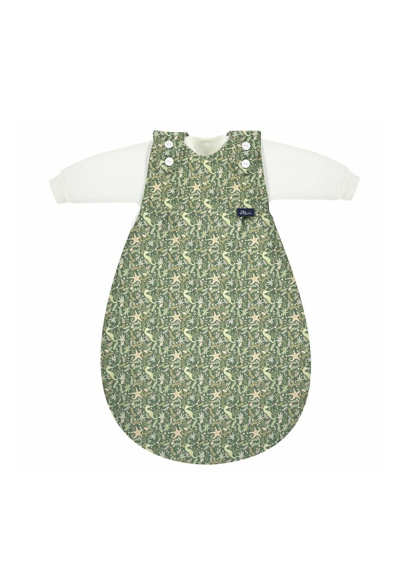 Grüner Stoff-Schlafsack mit beigen Tier- und Pflanzenmustern, ausgestattet mit weißen langen Ärmeln, runder Form und Druckknopfverschlüssen.