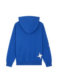 Sweat à capuche bleu à manches longues avec un motif graphique blanc en forme d’étoile sur le bas du dos et la manche gauche.