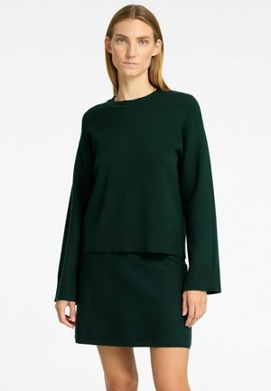 Pull en tricot vert à manches longues et à ourlet côtelé, associé à une jupe assortie. Texture lisse, design simple et coupe ajustée.
