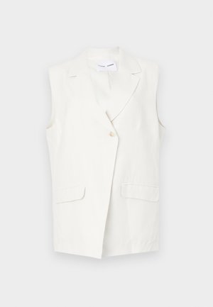 Sleeveless white blazer in a linen blend, featuring a single front button, notched lapels, and two front pockets. Smooth texture.