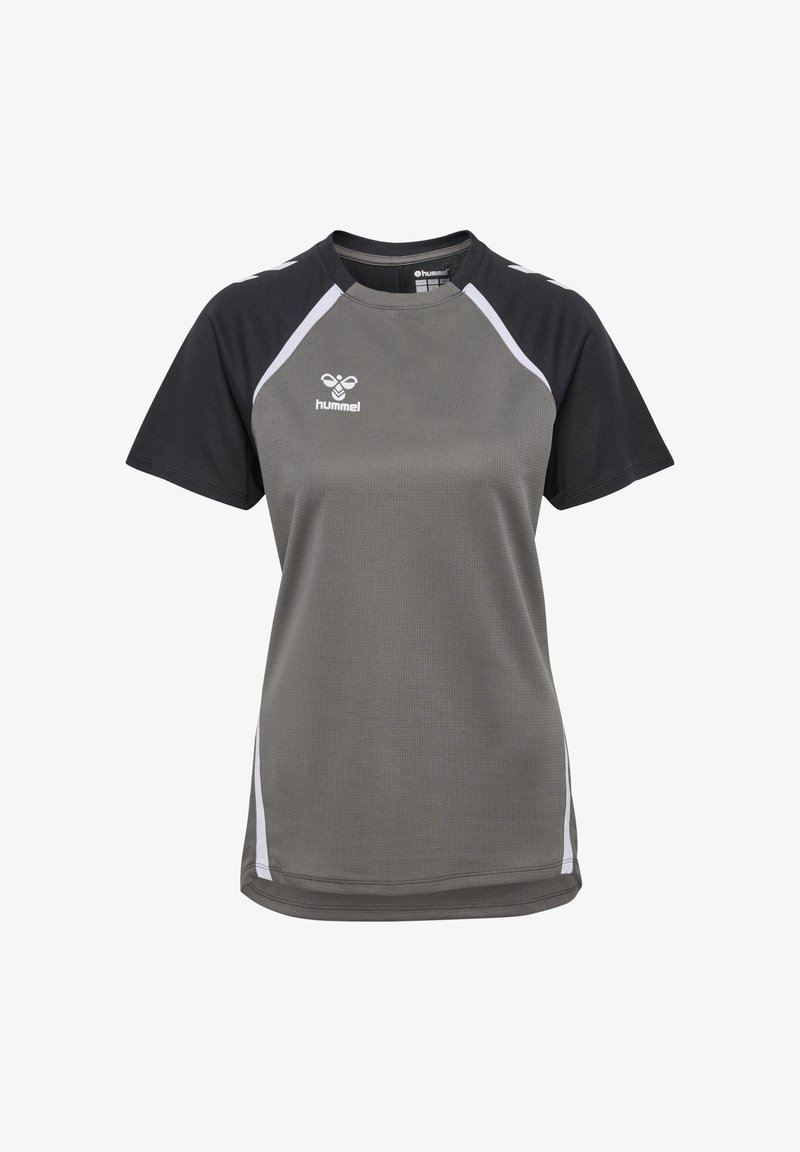 T-shirt de sport gris avec des manches courtes noires, présentant des accents blancs et un logo. Fabriqué en matériau léger et évacuant l'humidité.