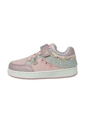 Sneaker glitterati rosa e argento con bordo a motivo floreale, collo imbottito, fascia in Velcro e suola in gomma. Design con punta rotonda e fori per i lacci.