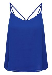 Haut bleu sans manches à coupe décontractée, doté de fines bretelles croisées, d'une texture de tissu lisse et d'une silhouette en ligne A.