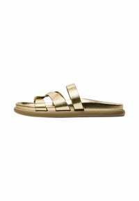 Gold slide sandal with multiple overlapping straps, a smooth metallic finish, and a sturdy flat sole. Simple design with no embellishments.