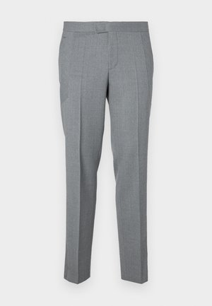Gray tailored trousers made of textured fabric, featuring a flat front, belt loops, and two side pockets. Straight leg design.