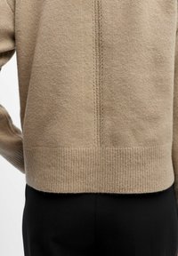 Beige wool sweater with ribbed hem and detailing along the back seam; worn over dark pants, showcasing texture and color contrast.