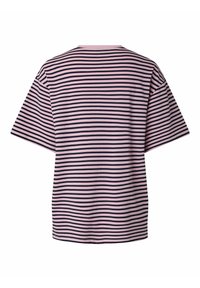 T-shirt à manches courtes avec des rayures horizontales noires et violet clair, vu de dos sur fond blanc.