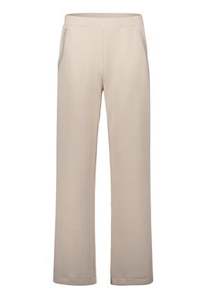 Lysebeige bukser lavet af blødt stof, med et lige ben-design, elastisk taljebånd og dekorative perforerede detaljer på lommerne.