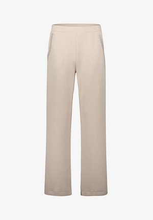 Hellbeige Hose aus weichem Stoff mit geradem Bein, elastischem Bund und dekorativen perforierten Akzenten an den Taschen.