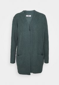 Tmavě zelený pletený kardigán s výstřihem do V, otevřeným předním dílem, dvěma předními kapsami a dlouhými rukávy s texturovaným povrchem.