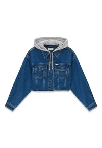 Krótkia kurtka dżinsowa z szarą bluzą z kapturem. Posiada dwie kieszenie na piersi, zapięcia na guziki oraz teksturę niebieskiego denimu. Długie rękawy z mankietami.