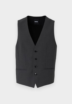 Vesta gri închis, cu un croi slim, închidere cu cinci butoane, rever cu decupaj și două buzunare frontale. Fabricată dintr-un material texturat. Eticheta brandului: BOSS.