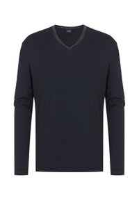 Langermige, donkerblauwe V-hals shirt gemaakt van zachte stof, met een contrasterende grijze rand rond de halslijn en manchetten.