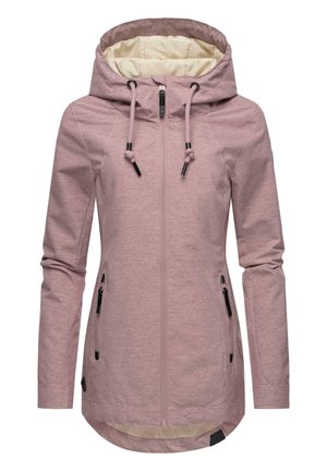 Light pink hooded jacket with a zip closure, two side pockets, and drawstrings. Features a contrast lining and a curved hem.