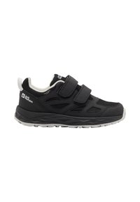 Black athletic shoes featuring Velcro straps, a textured upper with mesh accents, and a cushioned sole with a light gray outsole.