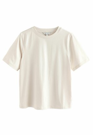 Kurzärmeliges T-Shirt in hellem Beige, aus weicher Baumwolle, mit rundem Halsausschnitt und minimaler Nahtgestaltung.