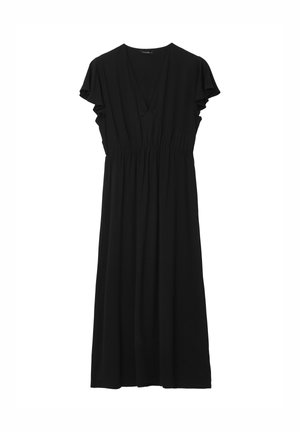 Robe midi noire avec manches courtes volantées, encolure en V et taille froncée.