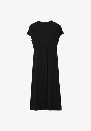 Robe midi noire avec manches courtes volantées, encolure en V et taille froncée.