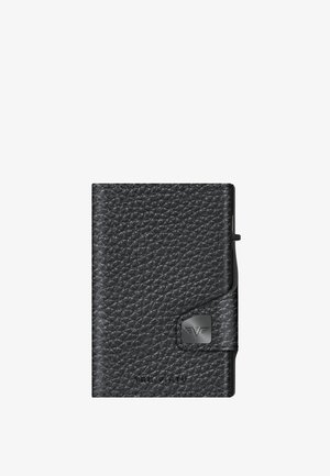 Black leather wallet featuring a textured finish, a metal clip, and an emblem on the front. Compact rectangular shape with a sleek design.