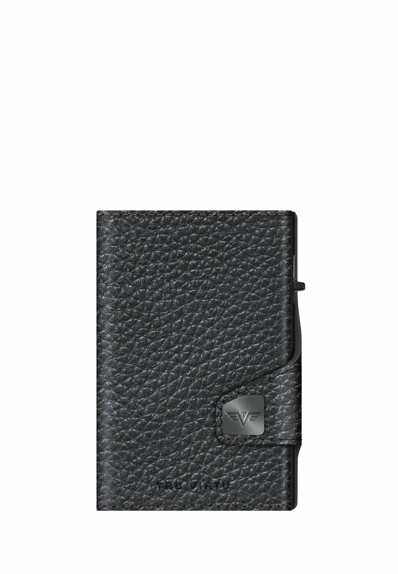 Black leather wallet featuring a textured finish, a metal clip, and an emblem on the front. Compact rectangular shape with a sleek design.